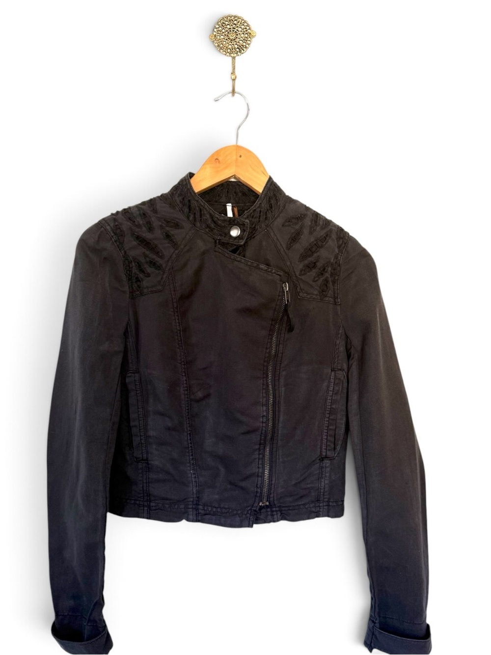 Vintage Free People Linen Crop Lace Moto Jacket Size 2